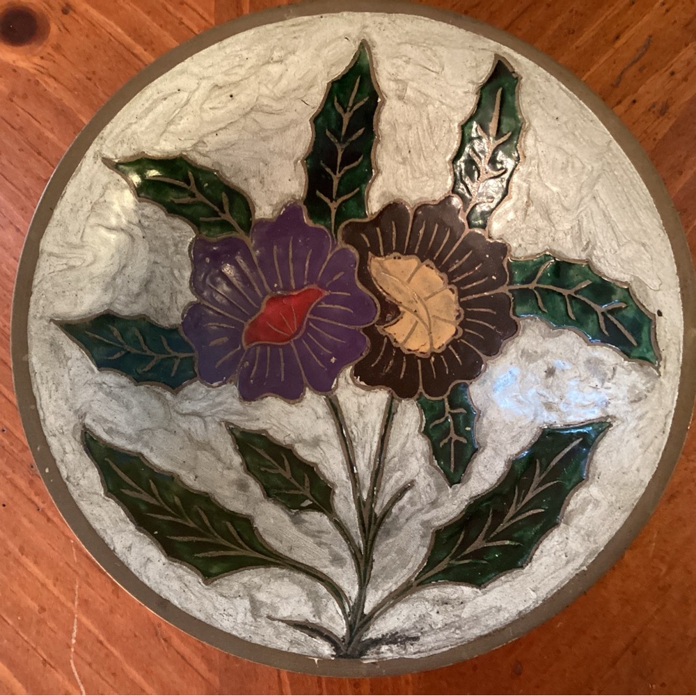 Footed Solid Brass Bowl Colorful Enamel Floral
